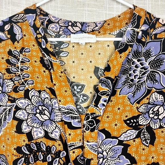Anthropologie Corey Lynn Calter Mustard Gold Purple Floral Cap Sleeve Gia Blouse - Picture 2 of 5